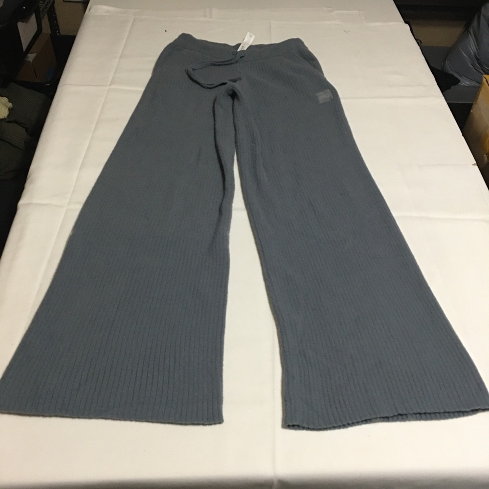Alo Yoga Wide Leg Pants Womens Small Blue Ribbed Knit Drawstring Lounge Flare